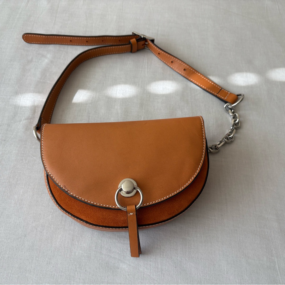 ZARA Elegant Tan Leather Saddle Belt Bag Suede Brown Silver Crossbody